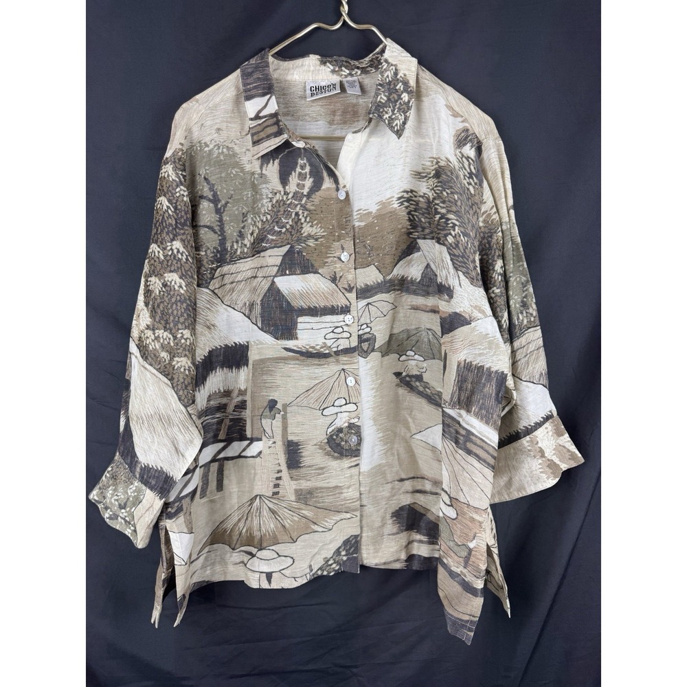 Chicos Vintage Silk Linen Scenic Novelty Print Button Front Shirt Size 3 XL 16